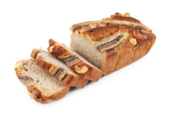 Cut banana bread with nuts isolated on white