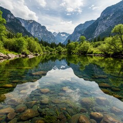 Fototapeta premium Clear River Reflecting Mountains and Lush Greenery