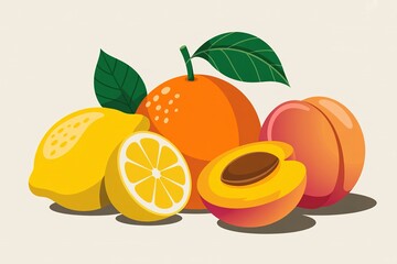 Fresh vibrant lemons, oranges, and peaches are artfully arranged together in a colorful composition