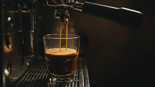 Close-up of espresso machine pouring hot fresh coffee into glass, with crema forming, perfect for cafes, coffee culture and morning beverage concepts