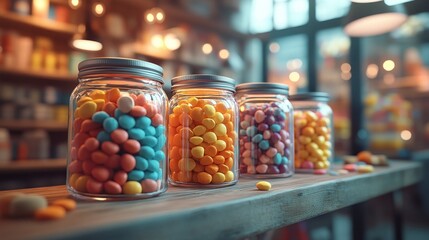 Colorful candy jars on a wooden shelf in a shop