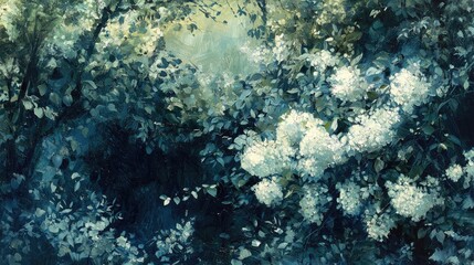 Fototapeta premium Softly lit, lush garden scene with white flowers.