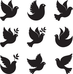 A symbolic vector illustration set of black dove icons on a white background