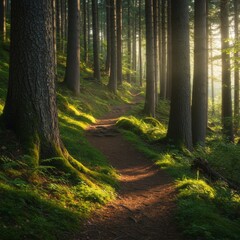 Obraz premium Sunlit Forest Path: Mossy Green Trees and a Winding Trail