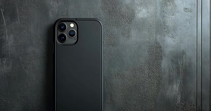 A static shot of a black iPhone in a case against a textured dark gray wall.