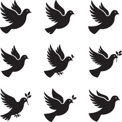 A symbolic vector illustration set of black dove icons on a white background