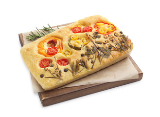 Delicious focaccia with flowers made of vegetables isolated on white