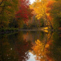 Obraz premium Autumn River Reflection: Red And Gold Fall Foliage