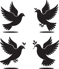 A symbolic vector illustration set of black dove icons on a white background