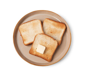 Tasty toast bread with butter isolated on white, top view