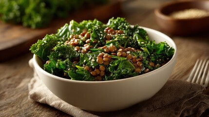 A bowl of healthy sauteed lentils and kale, seasoned with sesame seeds.  A delicious and nutritious vegetarian meal.