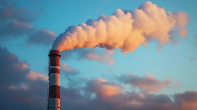 Industrial factory smokestack emitting large clouds of smoke into colorful evening sky, symbolizing pollution, global warming, climate crisis and environmental impact