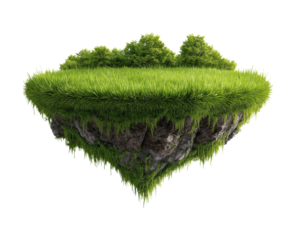 Floating island rendering featuring verdant grassy landscape, scattered trees, rocky terrain on transparent background, PNG