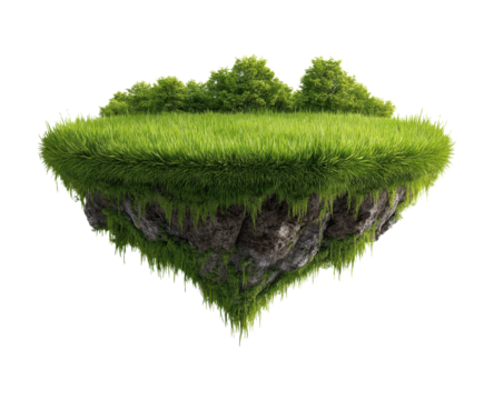 Floating island rendering featuring verdant grassy landscape, scattered trees, rocky terrain on transparent background, PNG