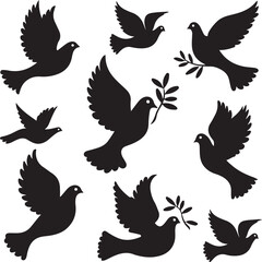 A symbolic vector illustration set of black dove icons on a white background