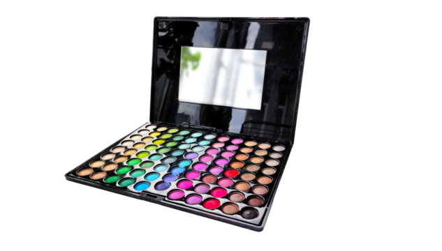 large colorful eyeshadow palette with a mirror, featuring a wide range of vibrant shades isolated on transparent background PNG, perfect for makeup tutorials, beauty content
