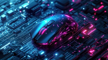 Futuristic gaming mouse on a neon circuit board (1)