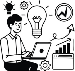 Brainstorming Session: A creative individual is lost in thought while working on a laptop, surrounded by business and innovation concepts. This image conveys the essence of new ideas, imagination.