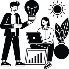 Brainstorming Brilliance: In a monochrome world of innovation, a collaborative duo sparks creative synergy with an idea held high.