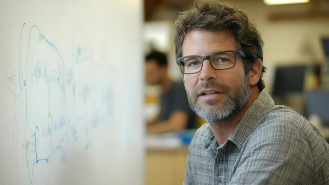 Professional man with glasses smiles confidently while brainstorming ideas on a whiteboard in a modern office.