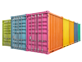 Row of Colorful Shipping Containers Perspective View Transparent Background
