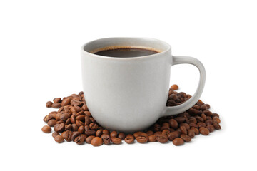 Aromatic coffee in cup and pile of beans isolated on white