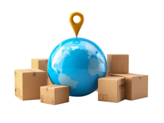 Global Shipping Logistics Concept with Globe Boxes and Pin Transparent Background