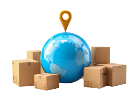 Global Shipping Logistics Concept with Globe Boxes and Pin Transparent Background