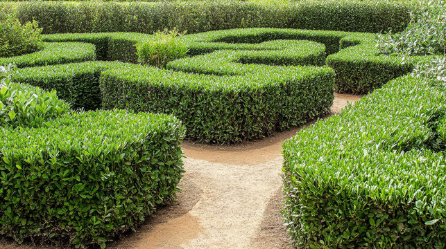 Gravel path winding through a meticulously maintained hedge maze, creating a tranquil and inviting atmosphere