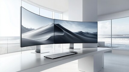 Modern dual curved monitors on a sleek desk