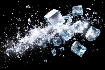 Dynamic explosion of ice cubes and crystals on black background for refreshing summer beverage concepts