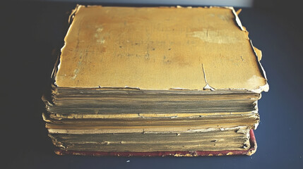 Close up of an old, weathered manuscript showing yellowed pages and a cracked binding, evoking a sense of history and age
