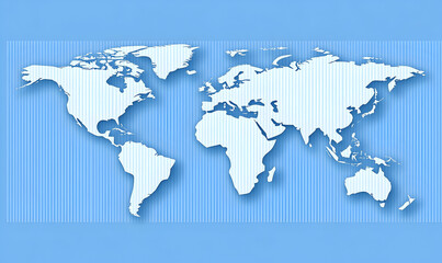 Simplified world map illustration on a light blue background with subtle stripes, showing continents' outlines and shadow