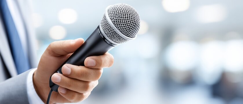 A person in a suit holds a microphone, ready for a speech or interview in a professional setting.