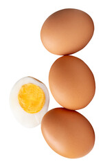 Front view of raw brown chicken eggs and cooked or boiled chicken egg with egg yolk in half in stack isolated in png file format