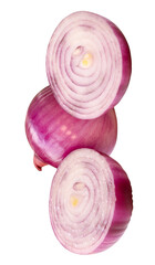 Single fresh peeled red or purple Spanish onion bulb with two onion halves in stack isolated in png file format