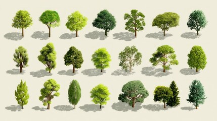 Collection of various isometric trees with shadows