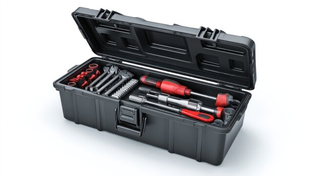 Open black toolbox filled with various tools (1)