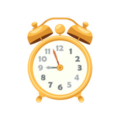 Classic twin bell table alarm clock with ringing tops. Vector icon of retro wake up timepiece for snooze or sleep alert. Round ringing timepiece, desk clockface. Twit bell and timer. Punctuality.