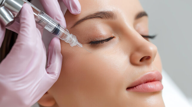 Close-up of young woman receiving cosmetic facial injection under eye, ideal for aesthetic clinics, skincare ads, anti-aging and beauty treatment visuals