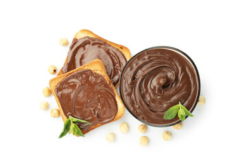 Toasts with tasty chocolate spread, mint and hazelnuts isolated on white, top view
