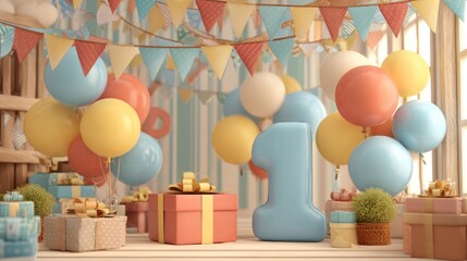 First birthday party decorations, gifts, balloons