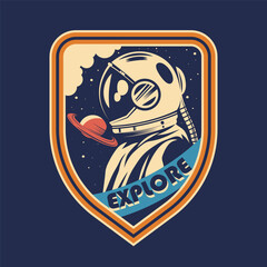 Space exploration patch design or vector label with astronaut helmet and suit, Saturn planet and explore text. Emblem for interstellar travel or universe discovery, science expedition. Astronomy badge