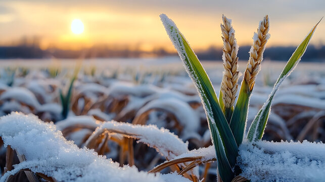 Frost damage to crops in spring from severe frost in winter wheat fields.