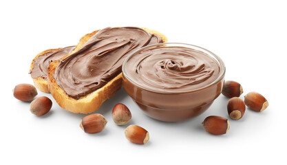 Toasts with tasty chocolate spread and hazelnuts isolated on white