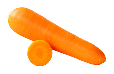 Side view of one fresh orange carrot root with slice in circle in stack isolated with clipping path in png file format