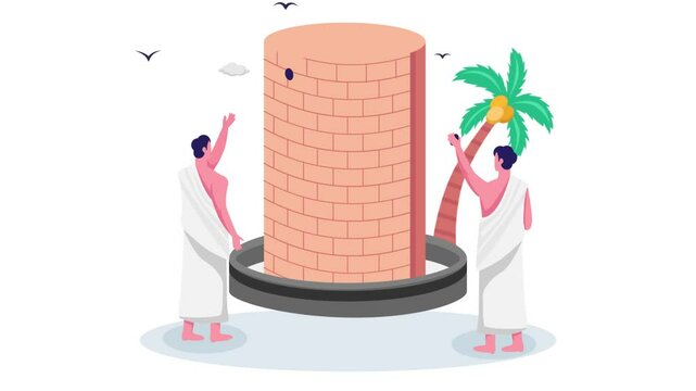 Jamaraat and Haji Stoning of Devil animation, Muslim Pilgrims Throw Stones at wall animated video, Eid al-Adha Clip, Eid-al-Kabir Hajj footage, Traditional Arab Muslim Festival motion graphics