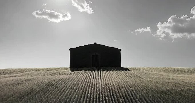 Static shot of a dark house in a wheat field under a cloudy sky.