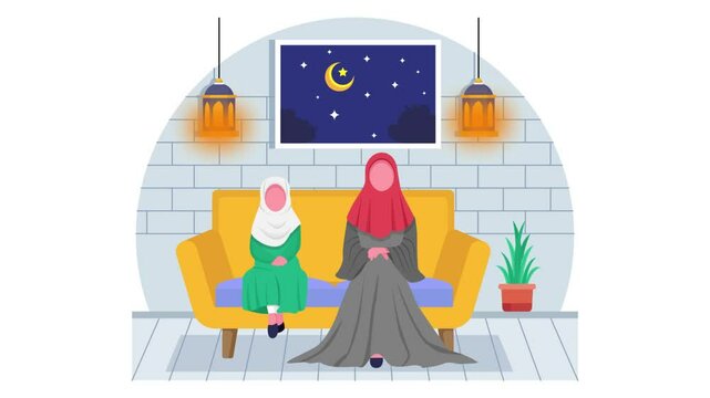 Mother and Daughter Sitting together on couch animation, Family Celebrating Moon night animated video, Eid al-Adha Clip, Eid-al-Kabir Hajj footage, Traditional Arab Muslim Festival motion graphics