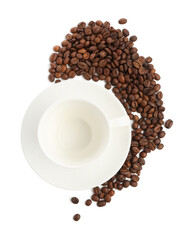 Ceramic cup with roasted coffee beans isolated on white, top view